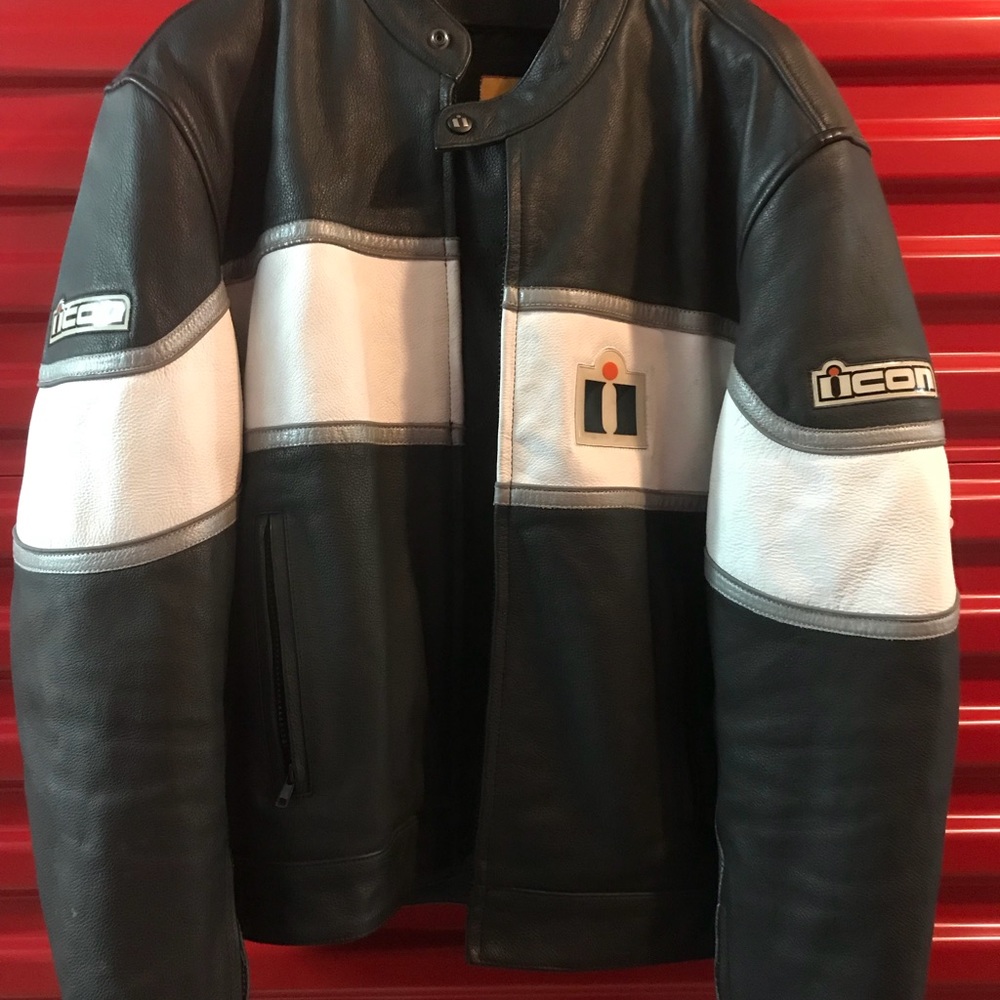 White and black icon leather motorcycle jacket